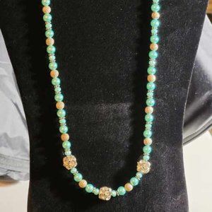 Turquoise and Silver Bead Necklace with Three Large Rhinestone Beads